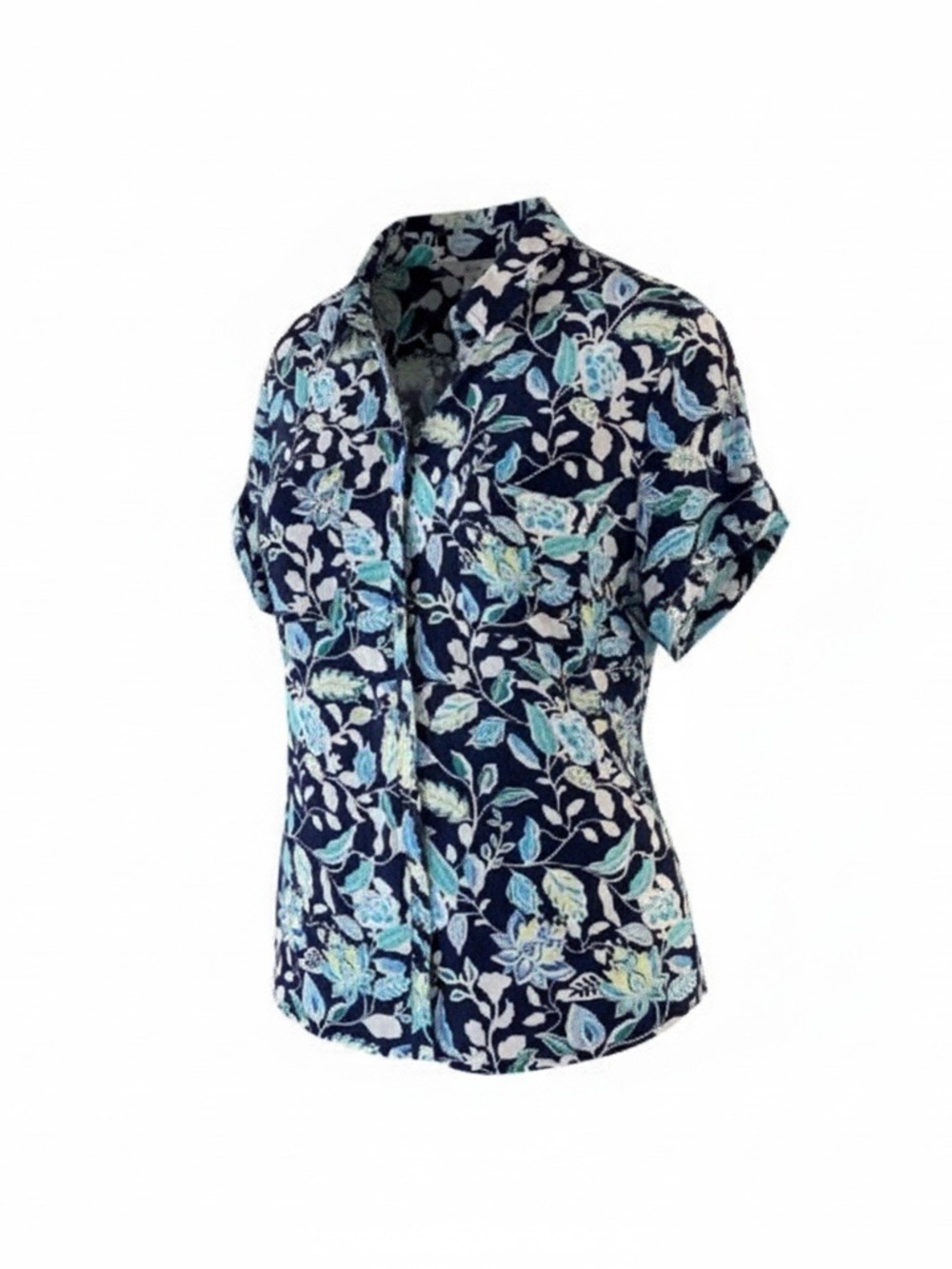 Croft & Barrow Navy Floral Short Sleeve Challis Camp Shirt Top Large - Picture 2 of 5